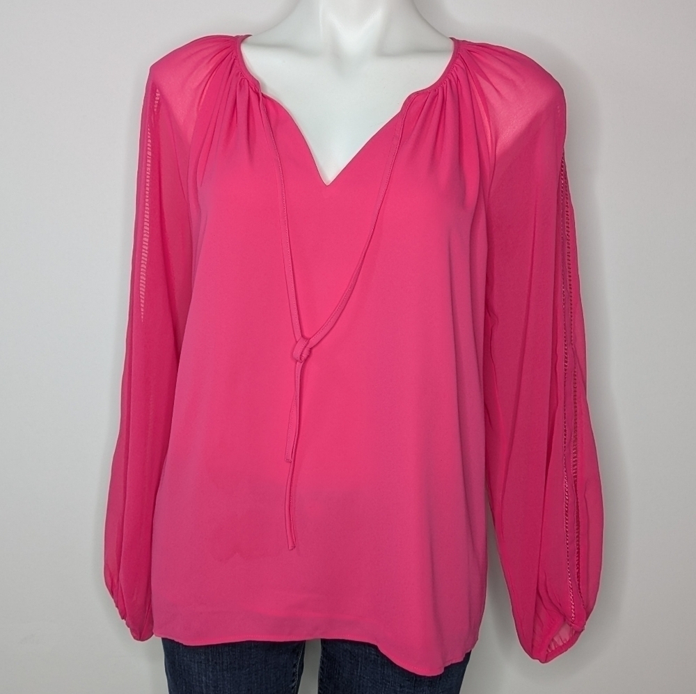 ✨3/$15 WHBM White House Black Market pink she tie neck blouse 4